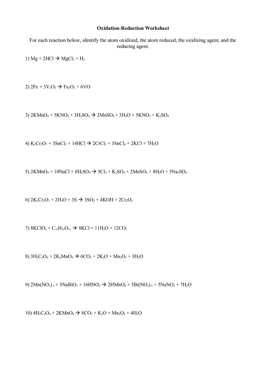 Oxidation Reduction Worksheet Answers - Page 1