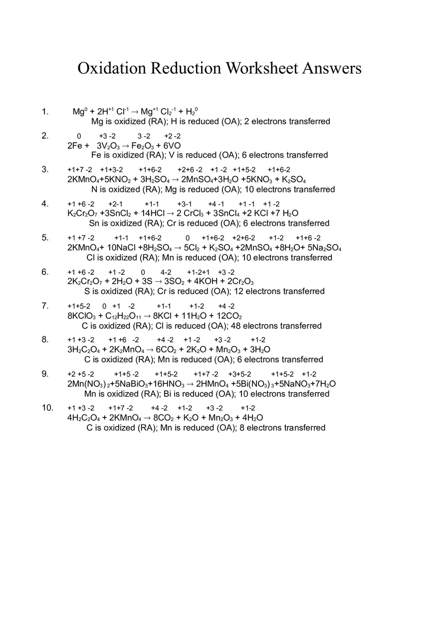 Oxidation Reduction Worksheet Answers - Page 2