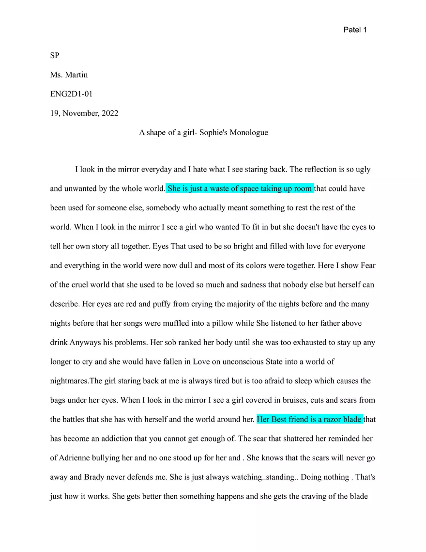 A Shape of a Girl - Sophie's Monologue - Page 1