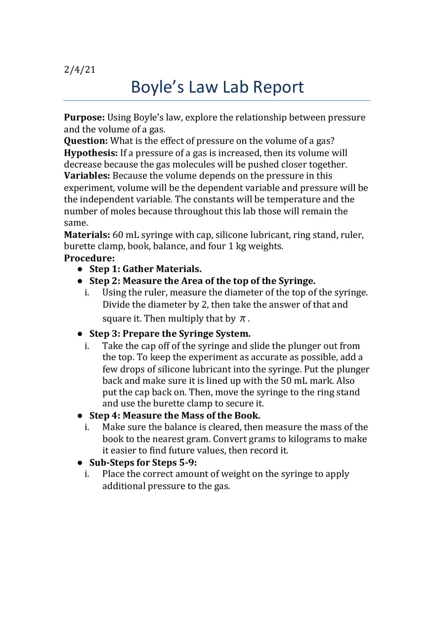Boyle’s Law Lab Report - Page 1