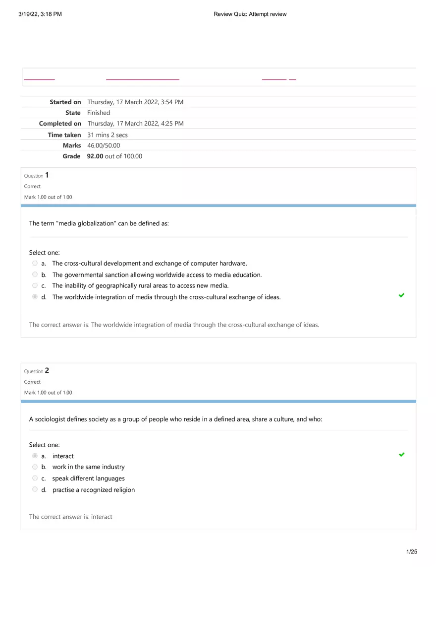 Sociology Final Exam (Days 1 - 4) Part 1 - Page 1
