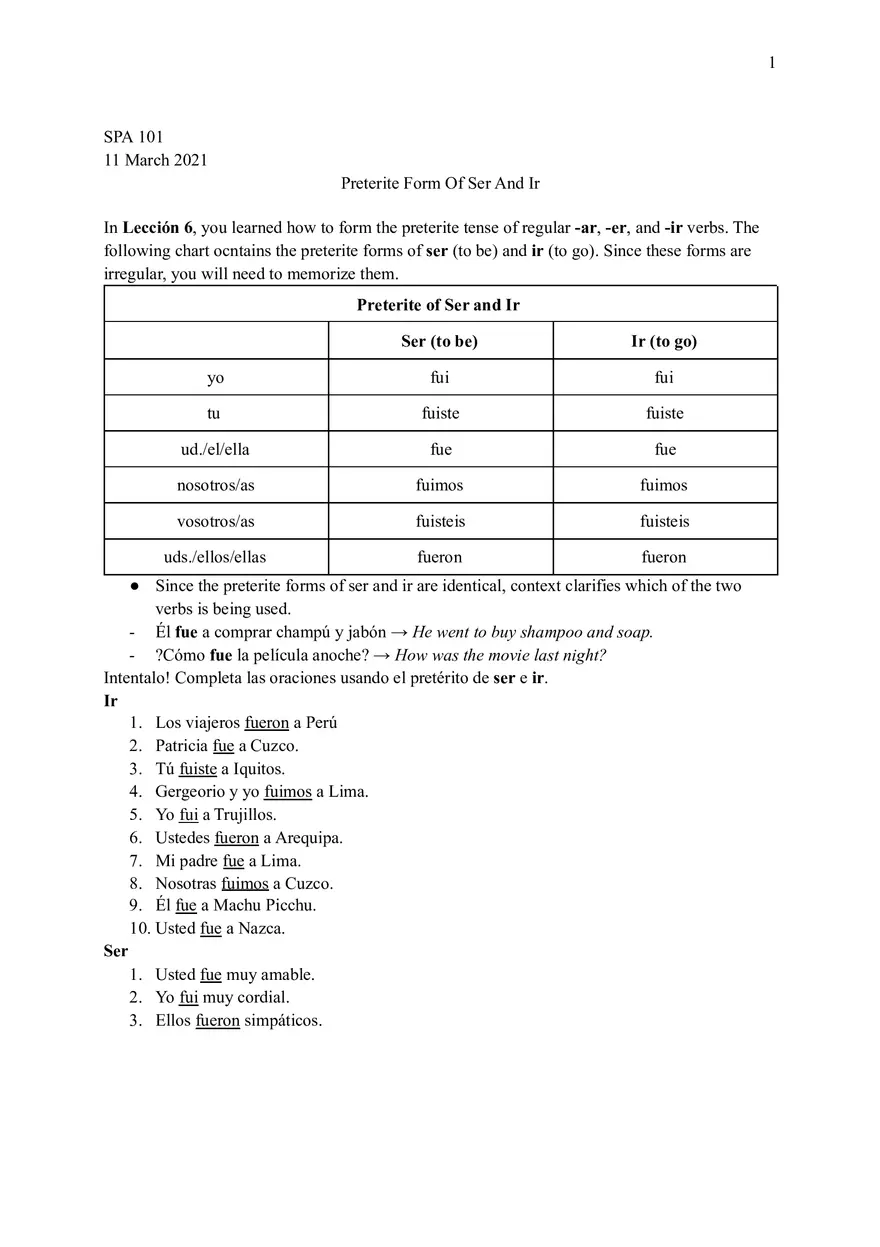 Preterite Form of Ser And Ir - Page 1