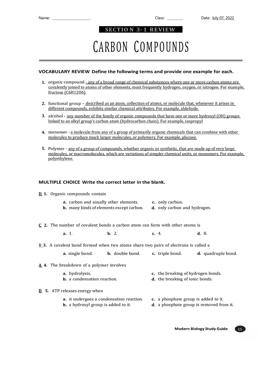 Carbon Compounds Section 3-1 - Page 1