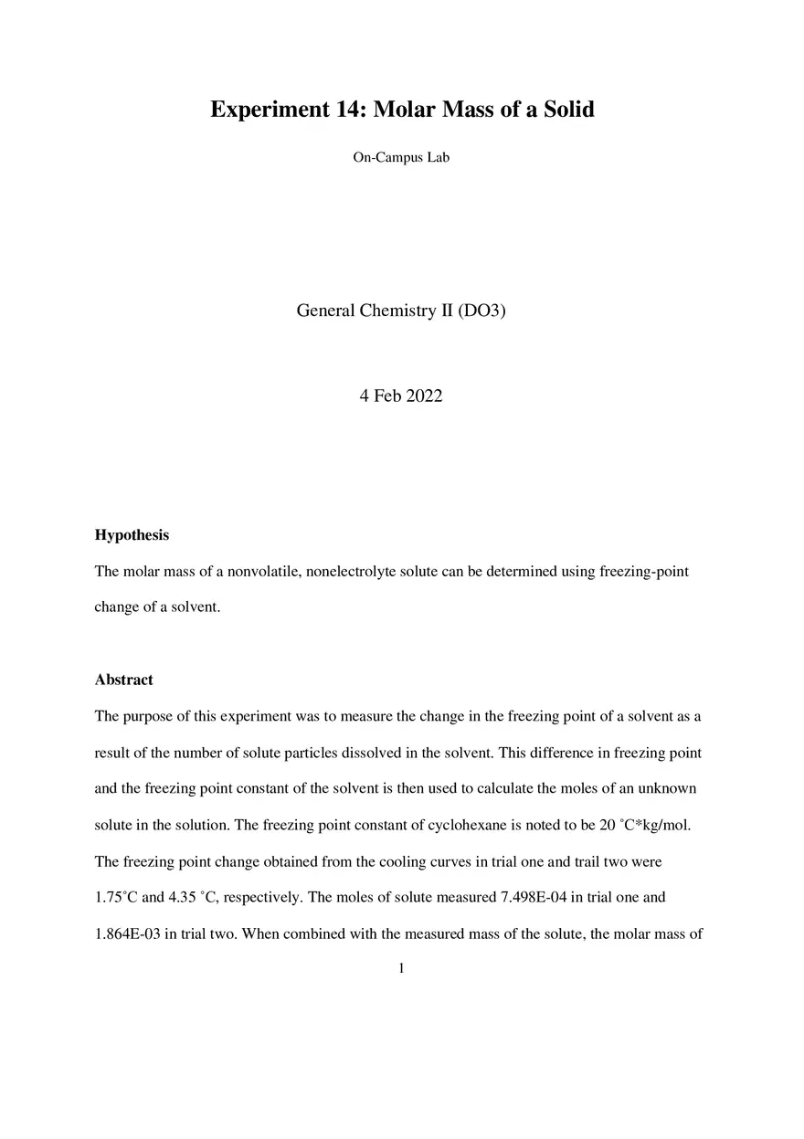 Experiment 14 Molar Mass of a Solid - Page 1