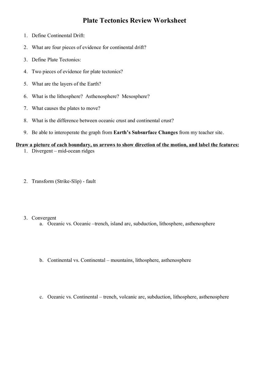 Plate Tectonics Review Worksheet - Page 1
