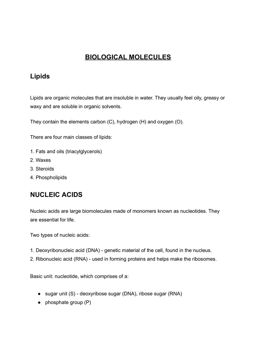 Biological Molecules Lecture Note - Page 1