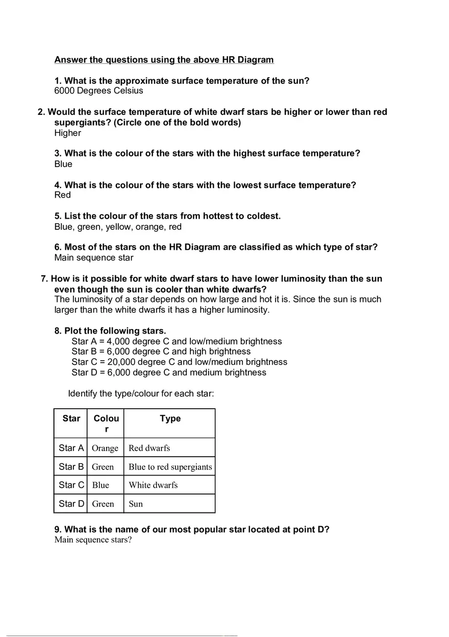 Worksheet Stars and the HR Diagram Answers - Page 1