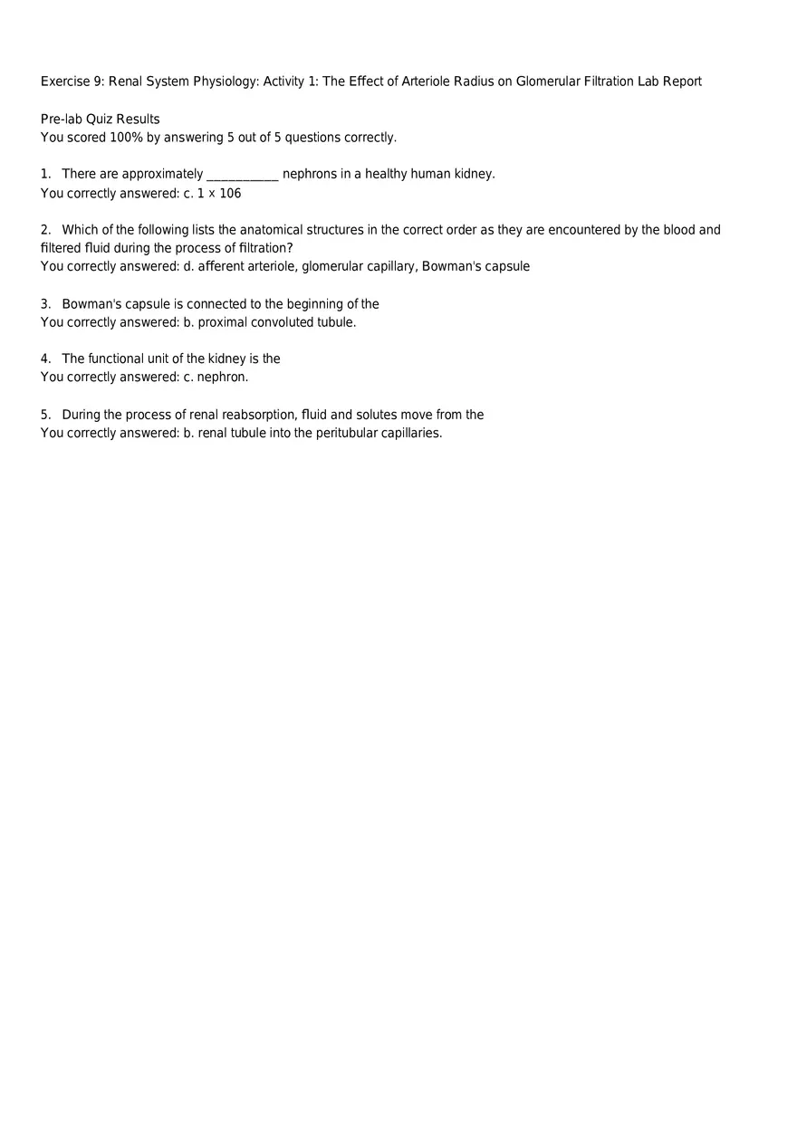 The Effect of Arteriole Radius on Glomerular Filtration Lab Report - Page 1