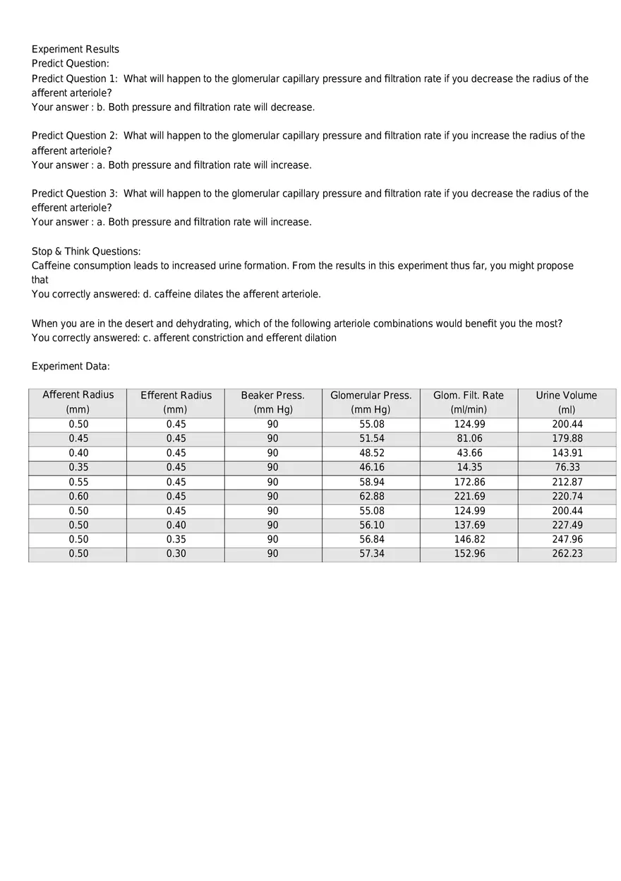 The Effect of Arteriole Radius on Glomerular Filtration Lab Report - Page 2