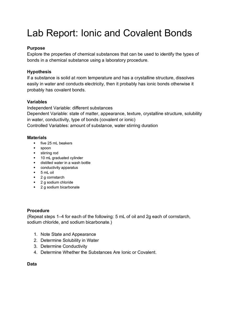 Lab Report Ionic and Covalent Bonds - Page 1