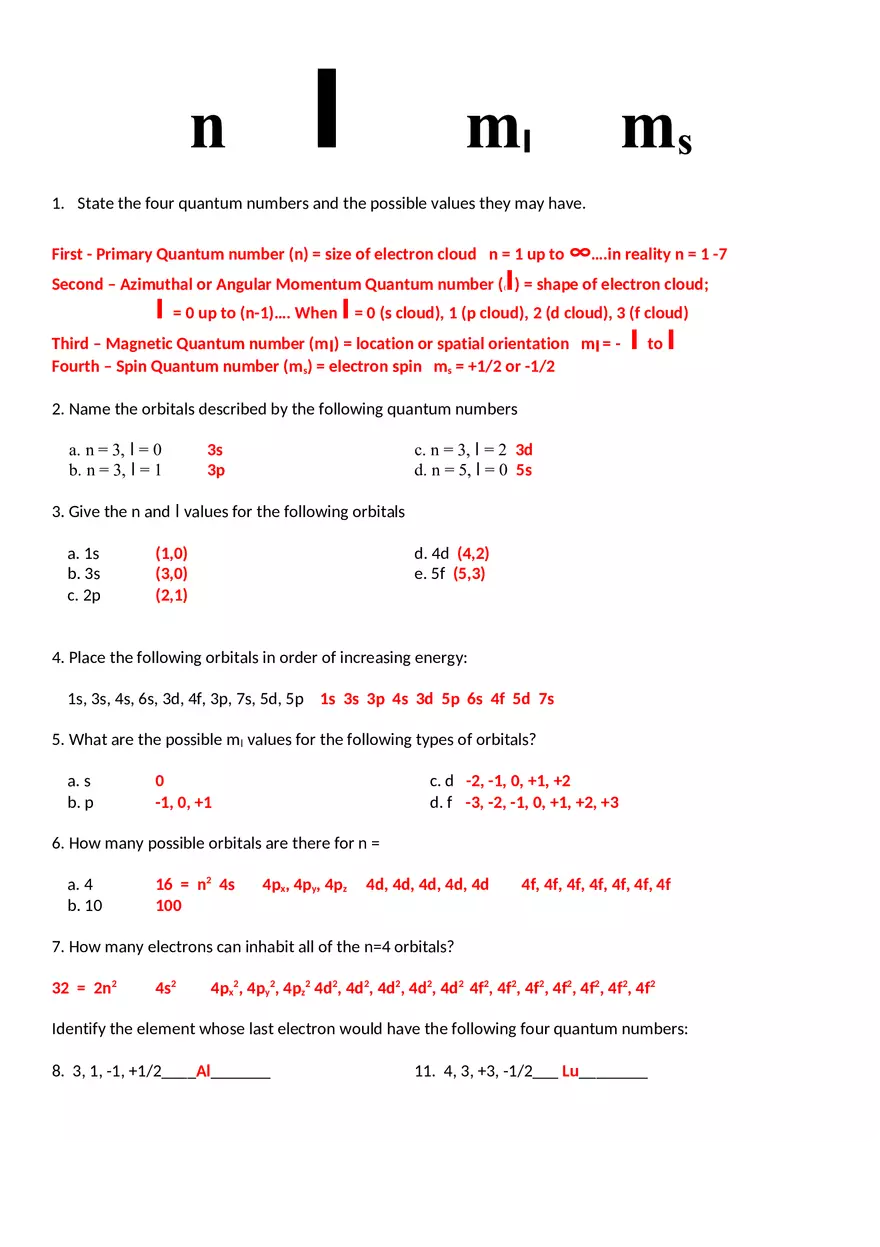 Quantum Numbers Worksheet - Page 1