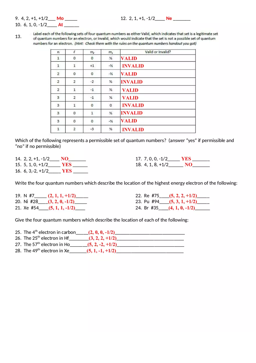Quantum Numbers Worksheet - Page 2
