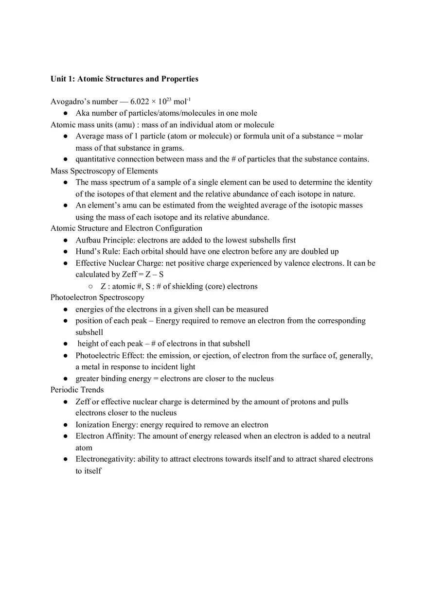 Unit 1 Atomic Structures and Properties - Page 1