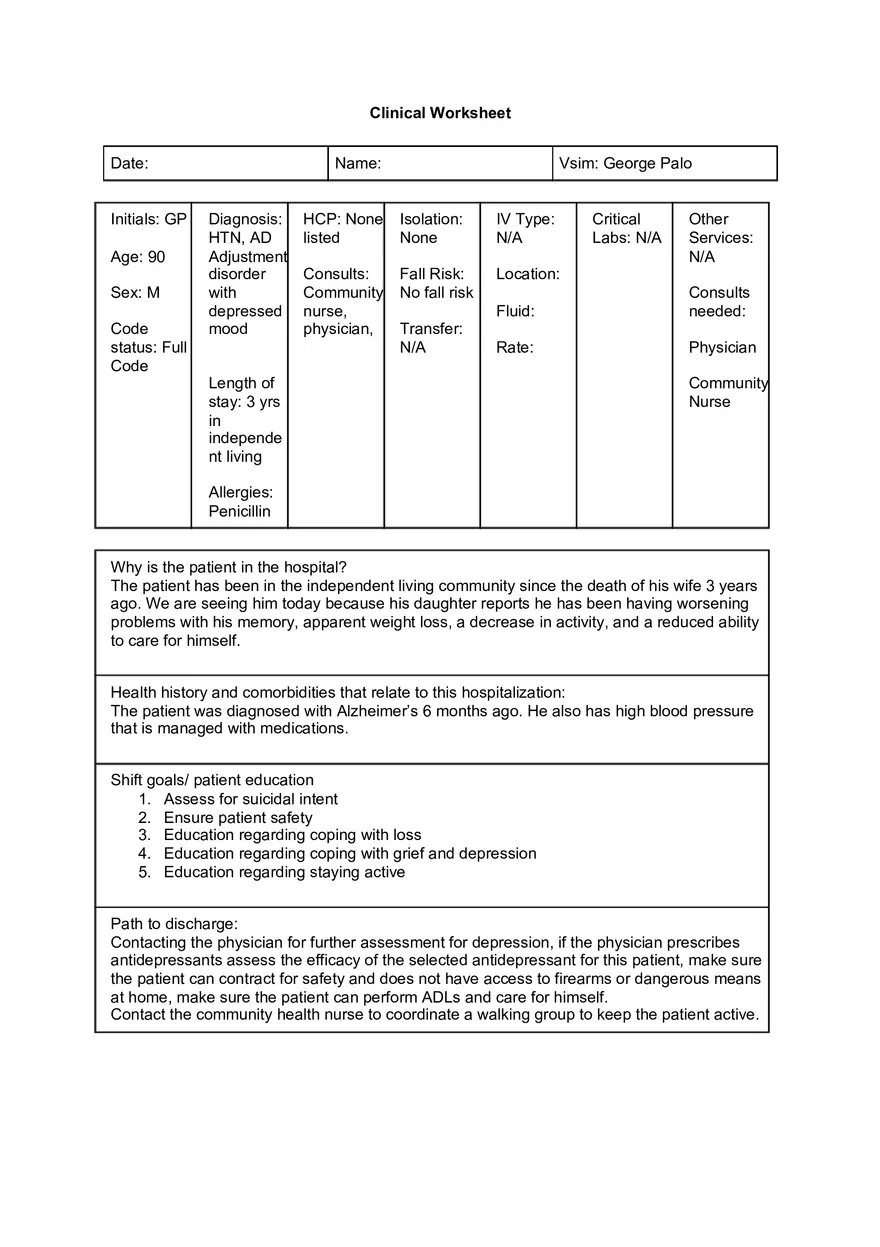 George Palo Clinical Worksheet - Page 1