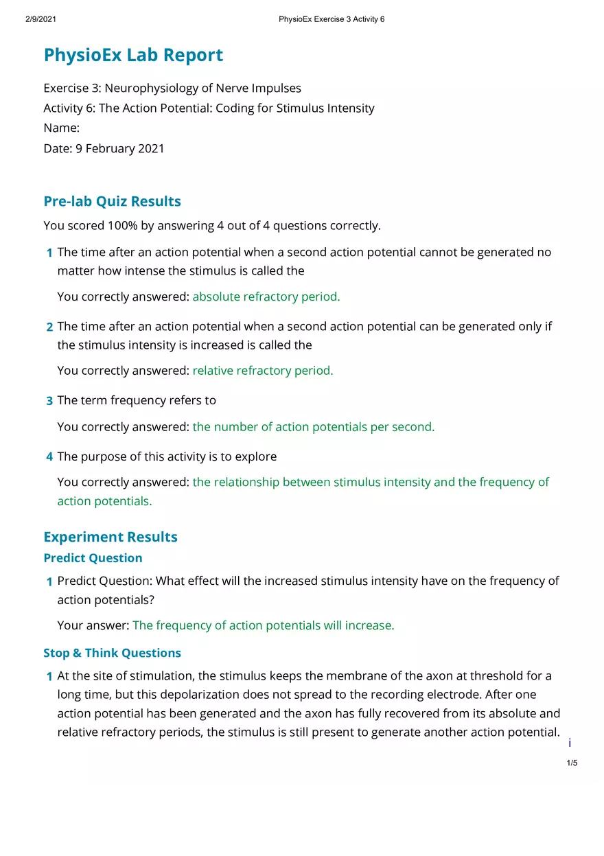 The Action Potential Coding for Stimulus Intensity - Page 1