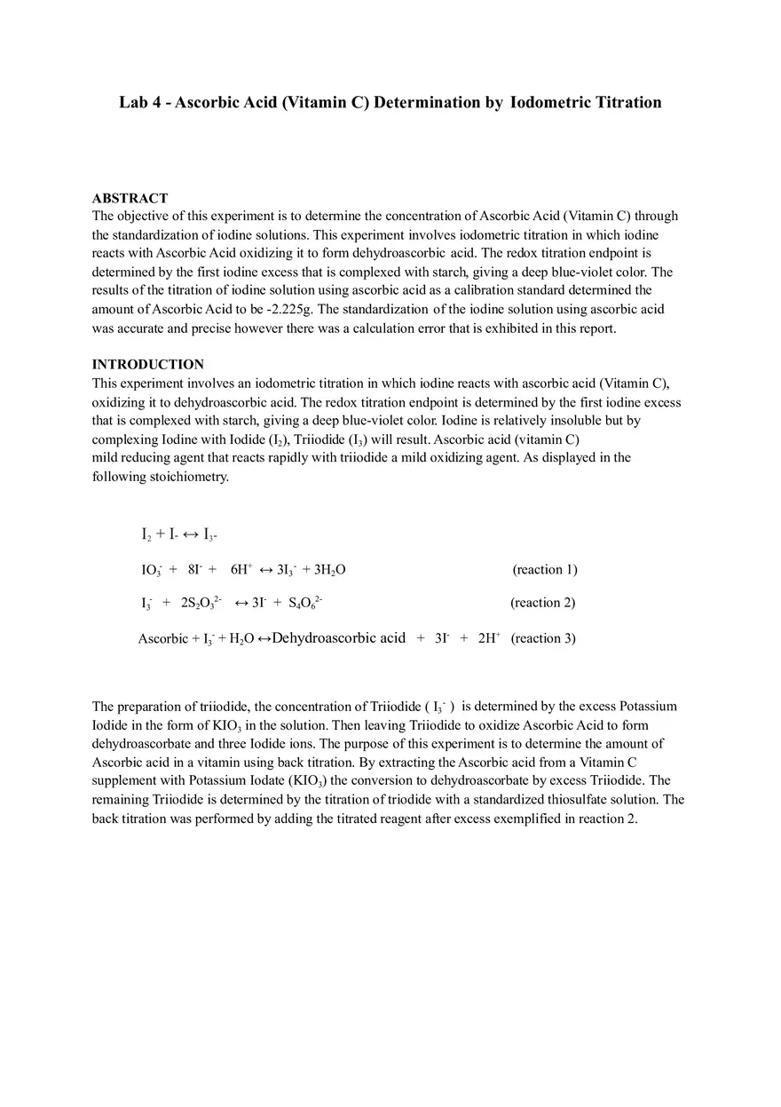 Lab 4 - Ascorbic Acid (Vitamin C) Determination by Iodometric Titration - Page 1