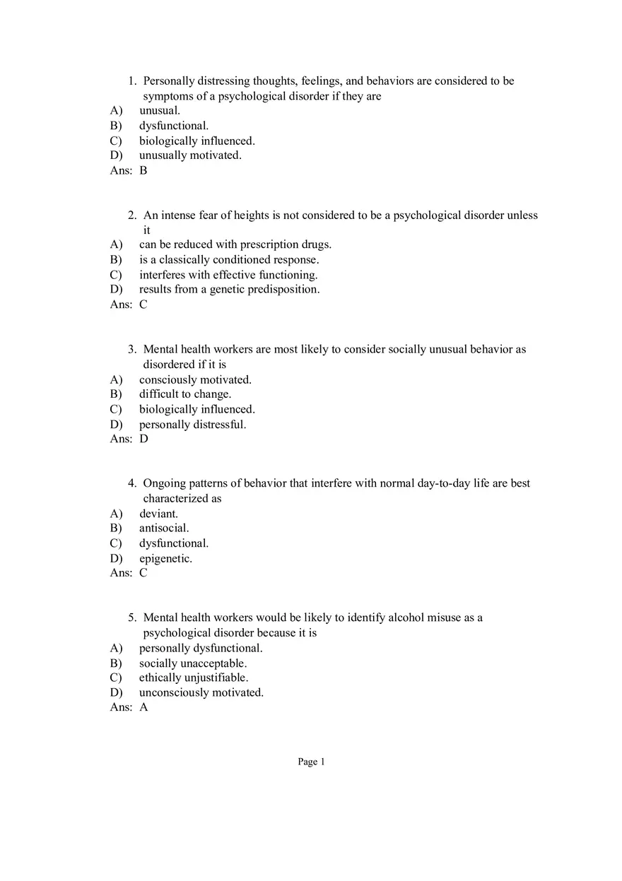 Psychological Disorders Answer Part 1 - Page 1