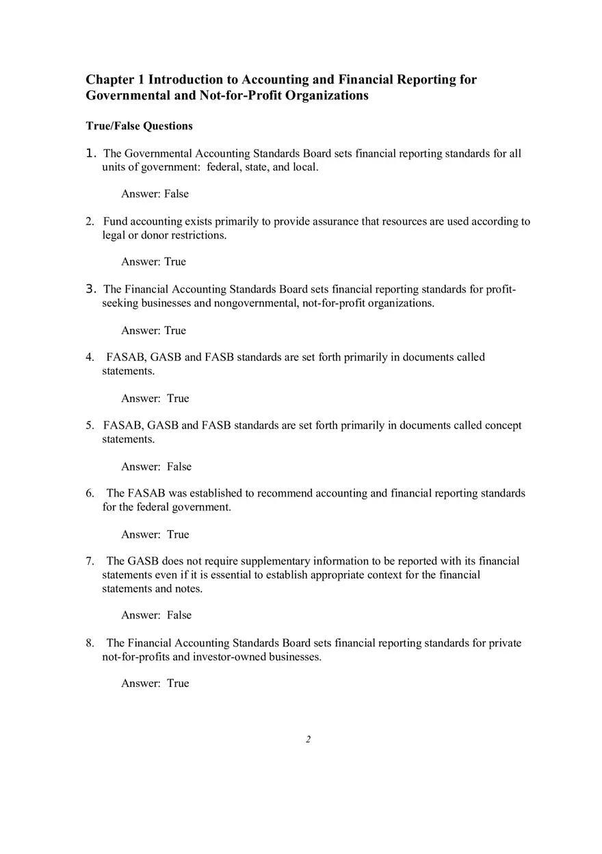 Introduction to Accounting and Financial Reporting for Governmental and Not-for-Profit Organizations True-False - Page 1