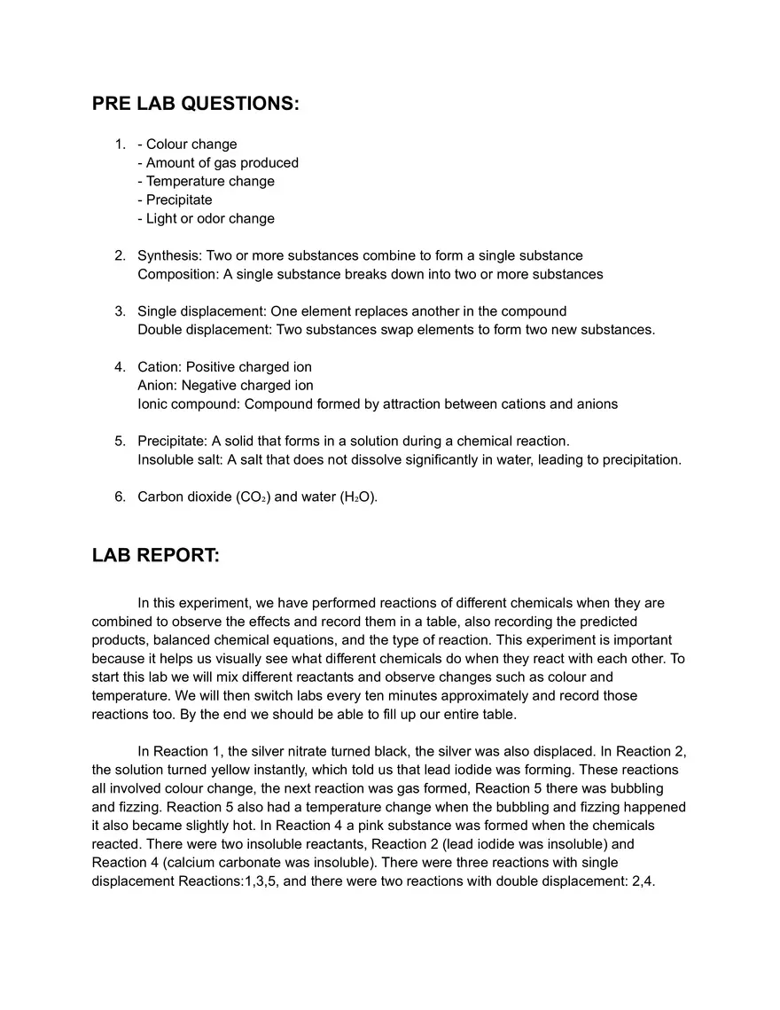 Lab Report: Types of Chemical Reactions - Page 1