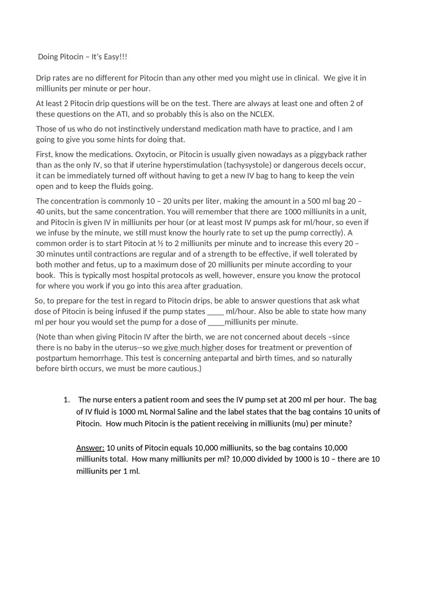 Pitocin Dosage Calculations - Page 1