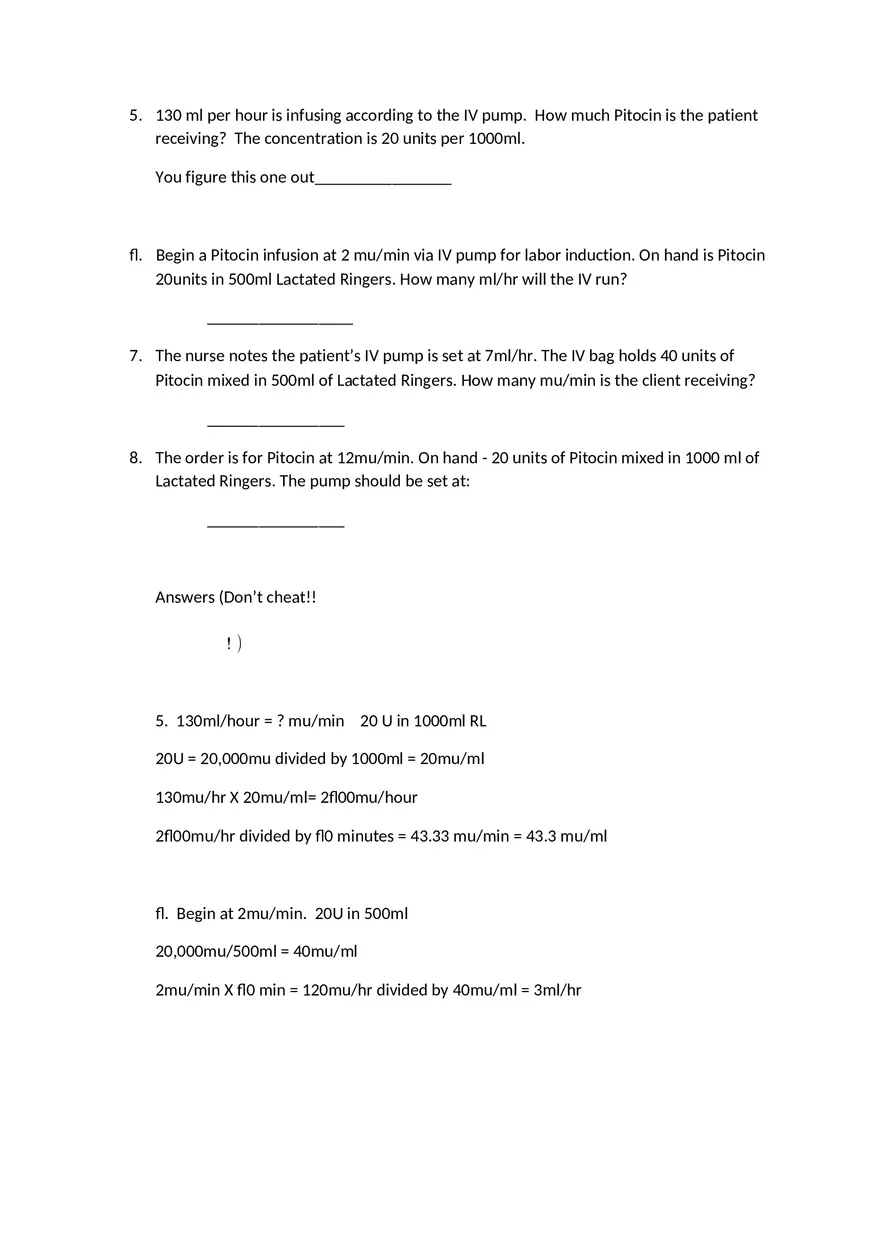 Pitocin Dosage Calculations - Page 3