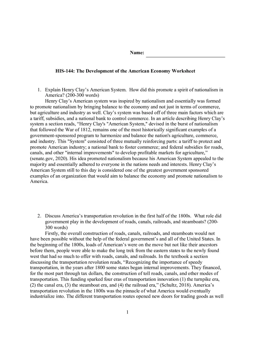 The Development of the American Economy Worksheet - Page 1