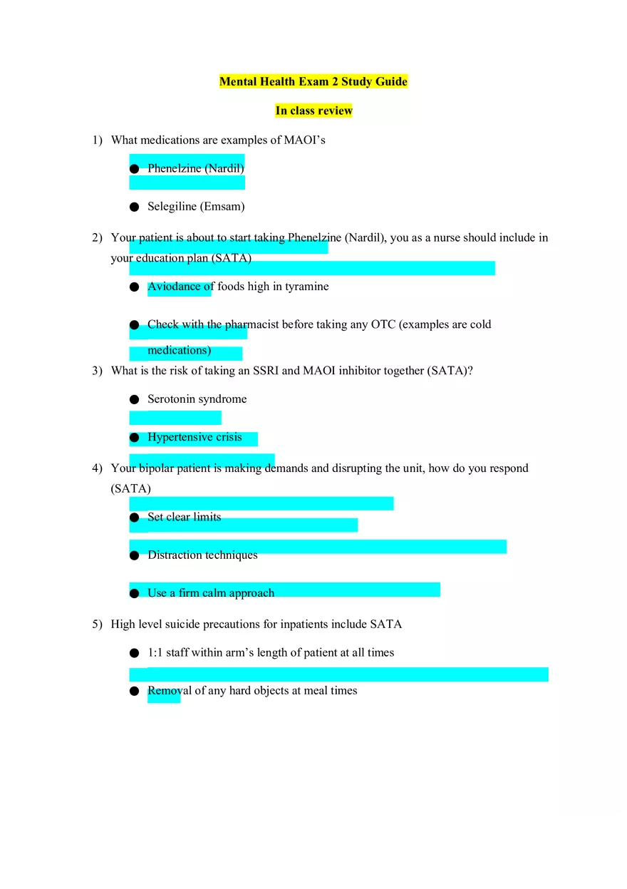Mental Health Exam 2 Study Guide - Page 1