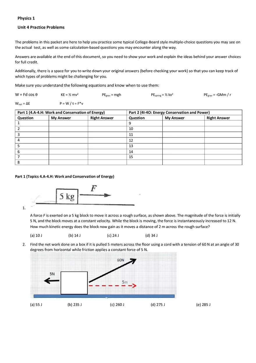 Physics 1 Unit 4 Practice Problems - Page 1