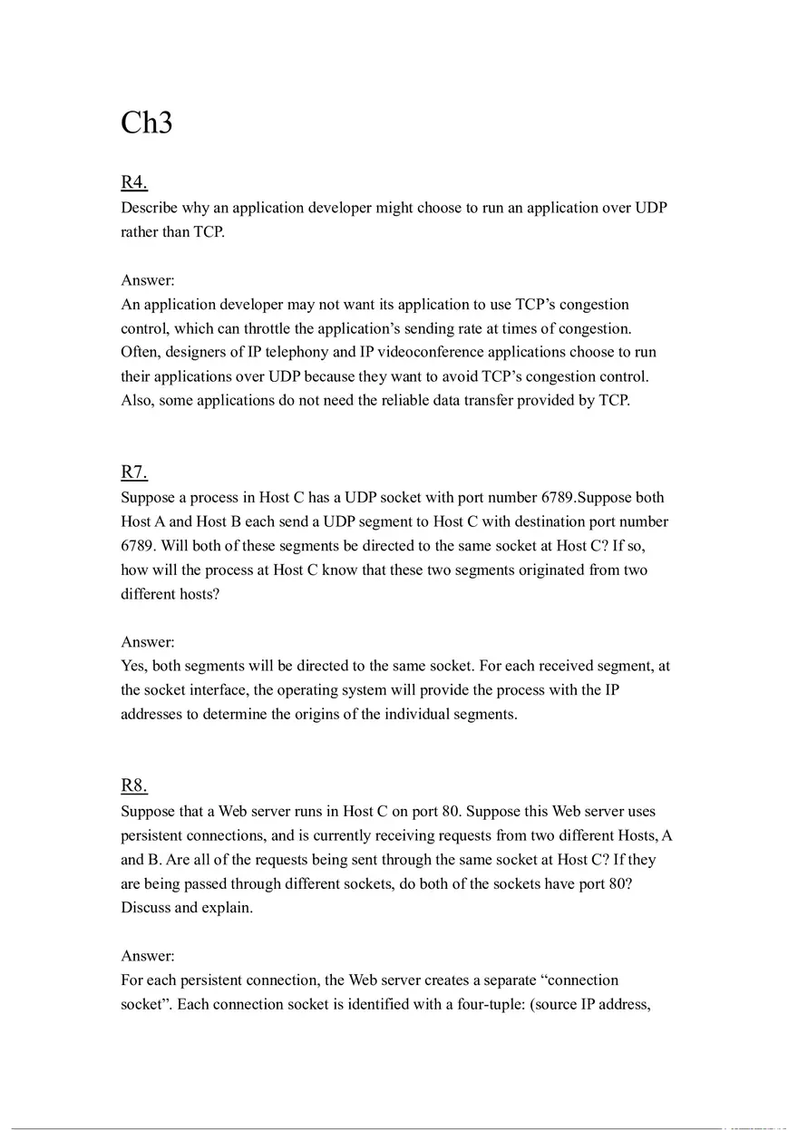 Describe Why an Application Developer Might Choose to Run an Application Over UDP Rather Than TCP - Page 1