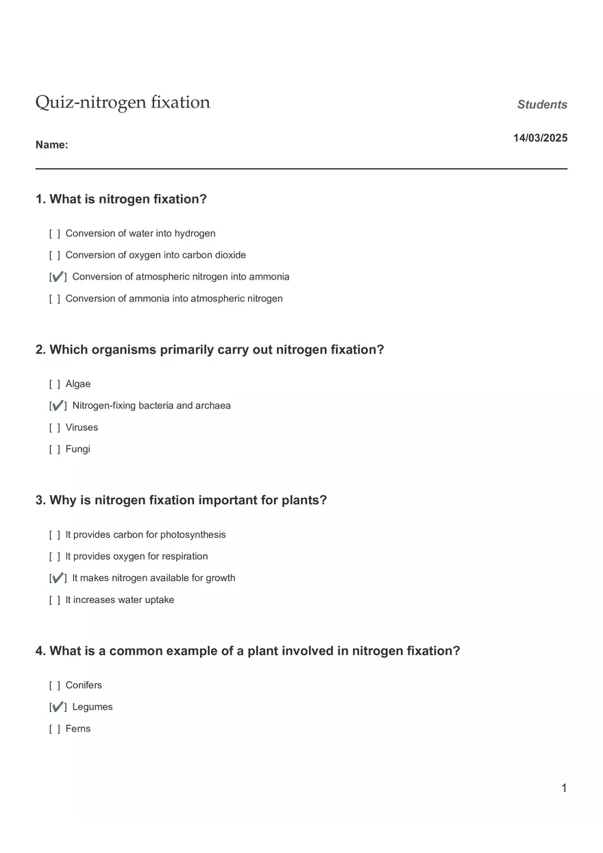 Quiz - Nitrogen Fixation - Page 1