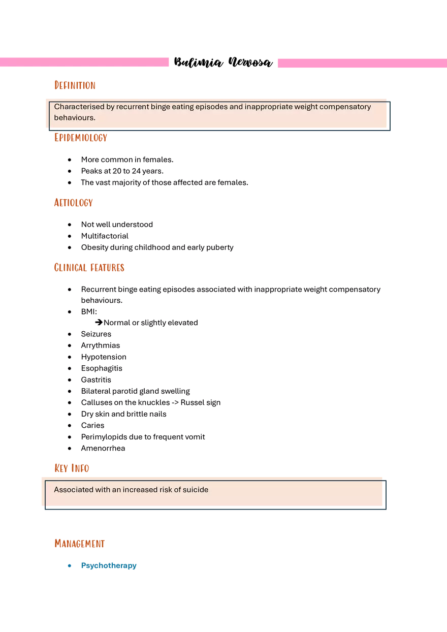 Bulimia Nervosa Medicine Notes - Page 1