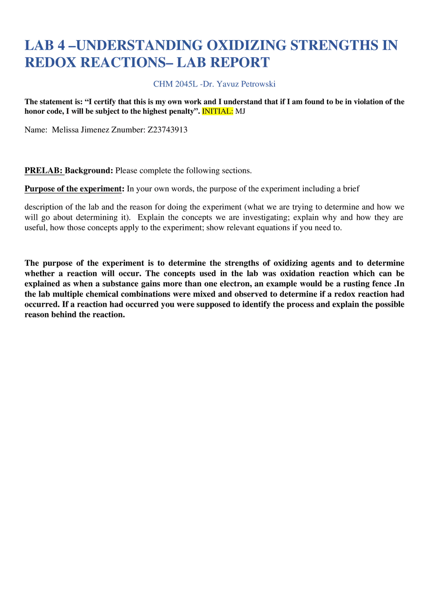 Lab 4: Understanding Oxidizing Strengths in Redox Reactions - Page 1