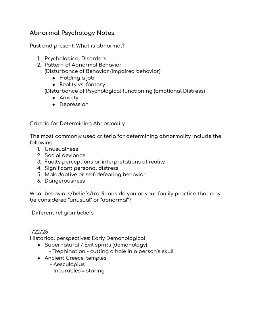 Abnormal Psychology Notes - Page 1