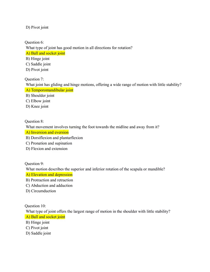 Joints Practice Quiz Answers - Page 2