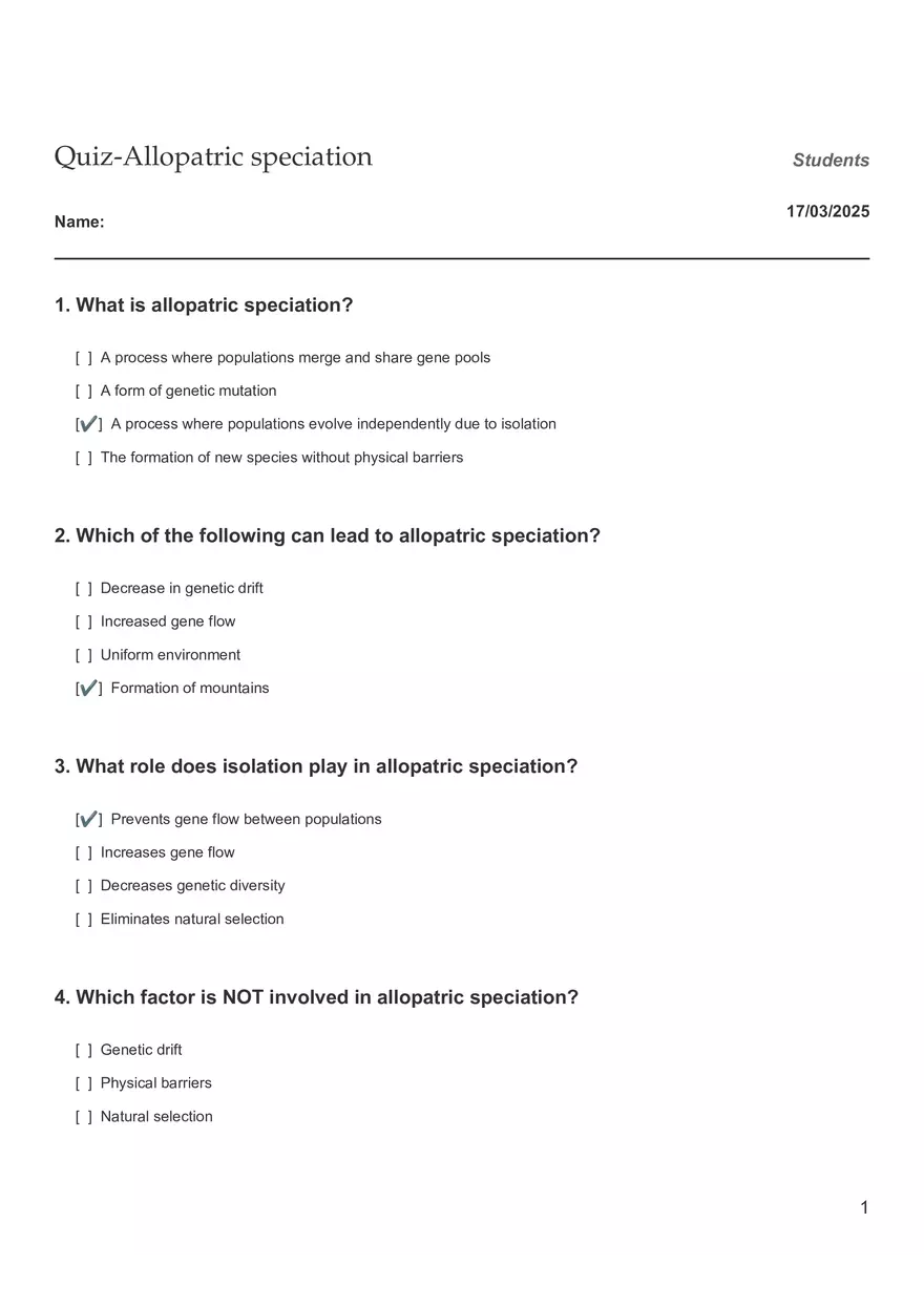 Quiz - Allopatric Speciation - Page 1