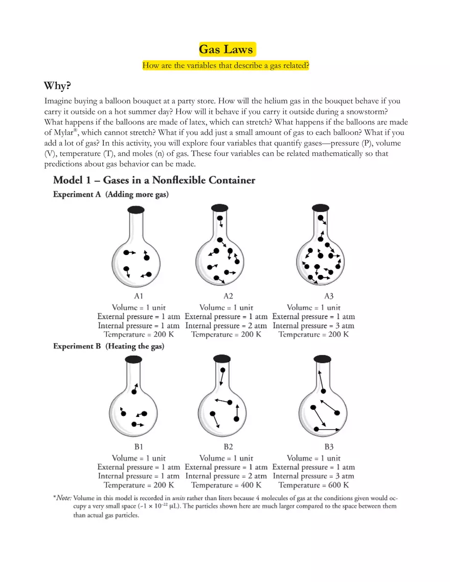 Gas Laws Learning Assignment - Page 1