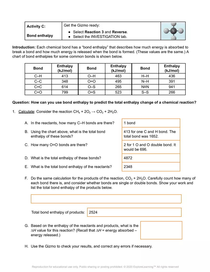 Gizmo Answer Key: Reaction Energy - Page 7