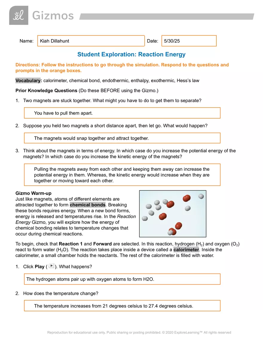 Gizmo Answer Key: Reaction Energy - Page 1