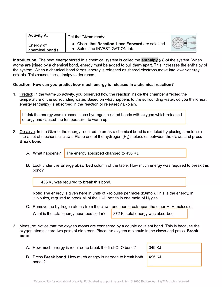 Gizmo Answer Key: Reaction Energy - Page 2