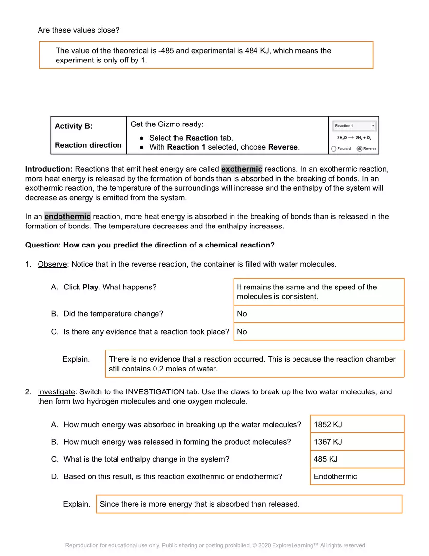 Gizmo Answer Key: Reaction Energy - Page 4