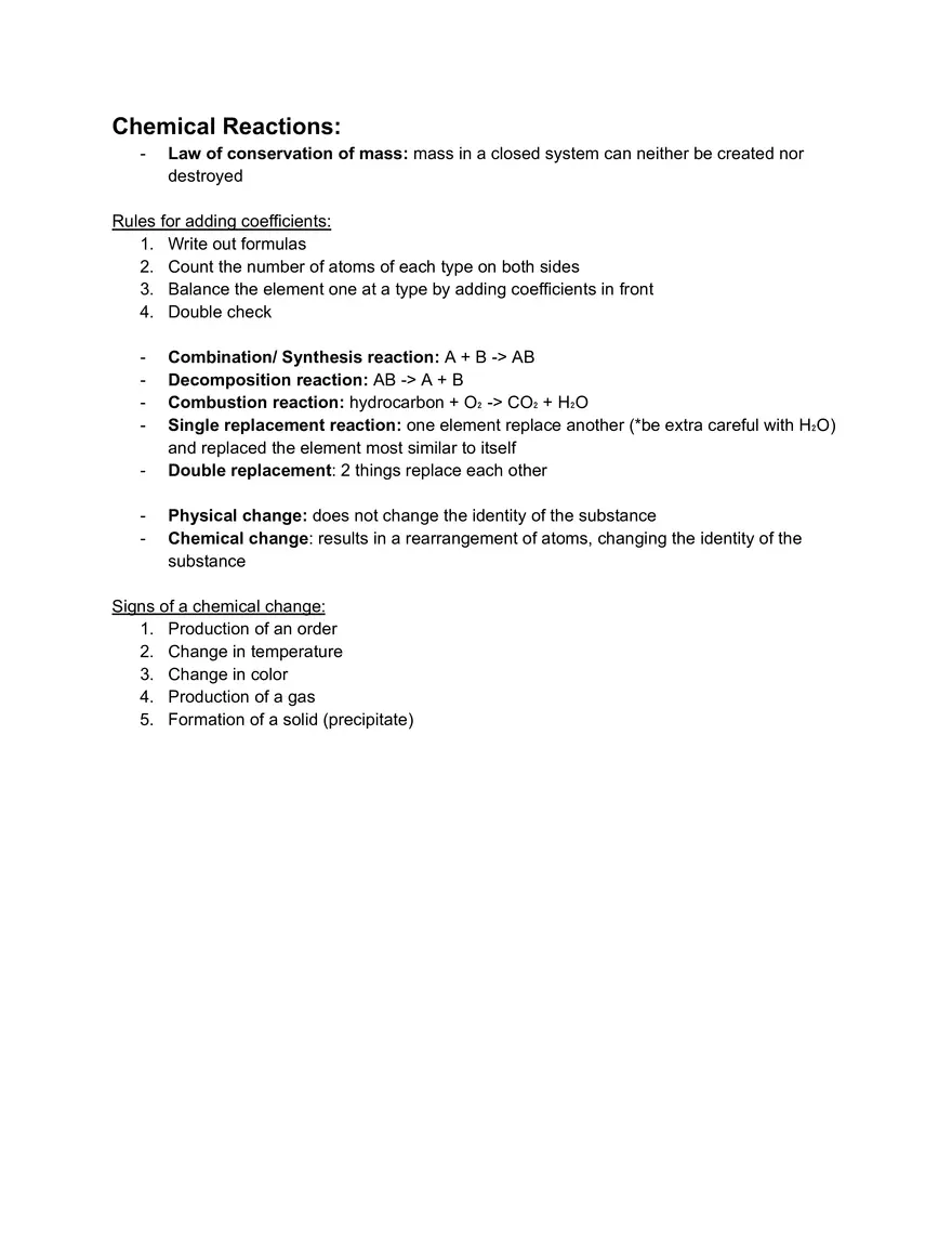 Chemical Reactions Final Study Guide - Page 1