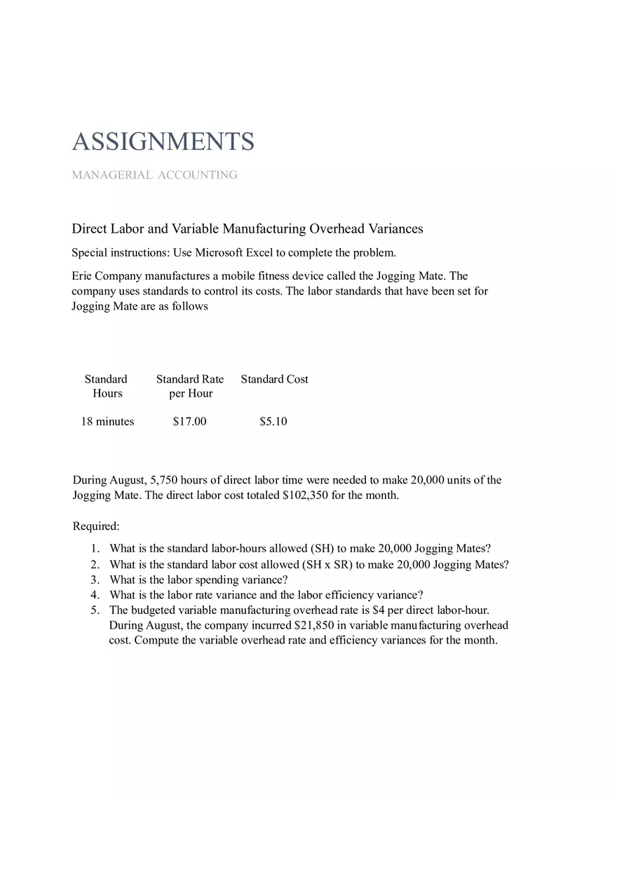 Direct Labor and Variable Manufacturing Overhead Variances Assignments - Page 1