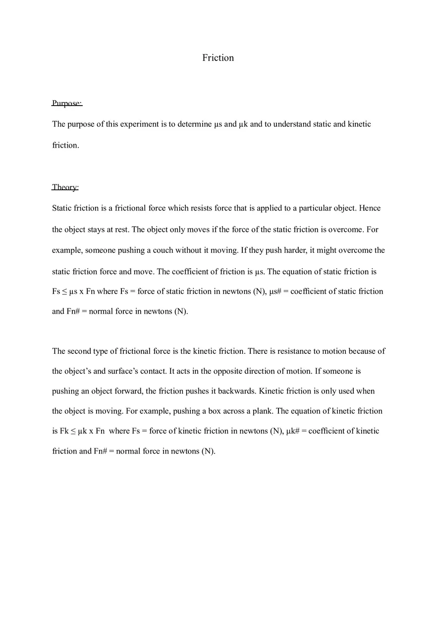 Static and Kinetic Friction Explained Purpose - Lab Report - Page 1
