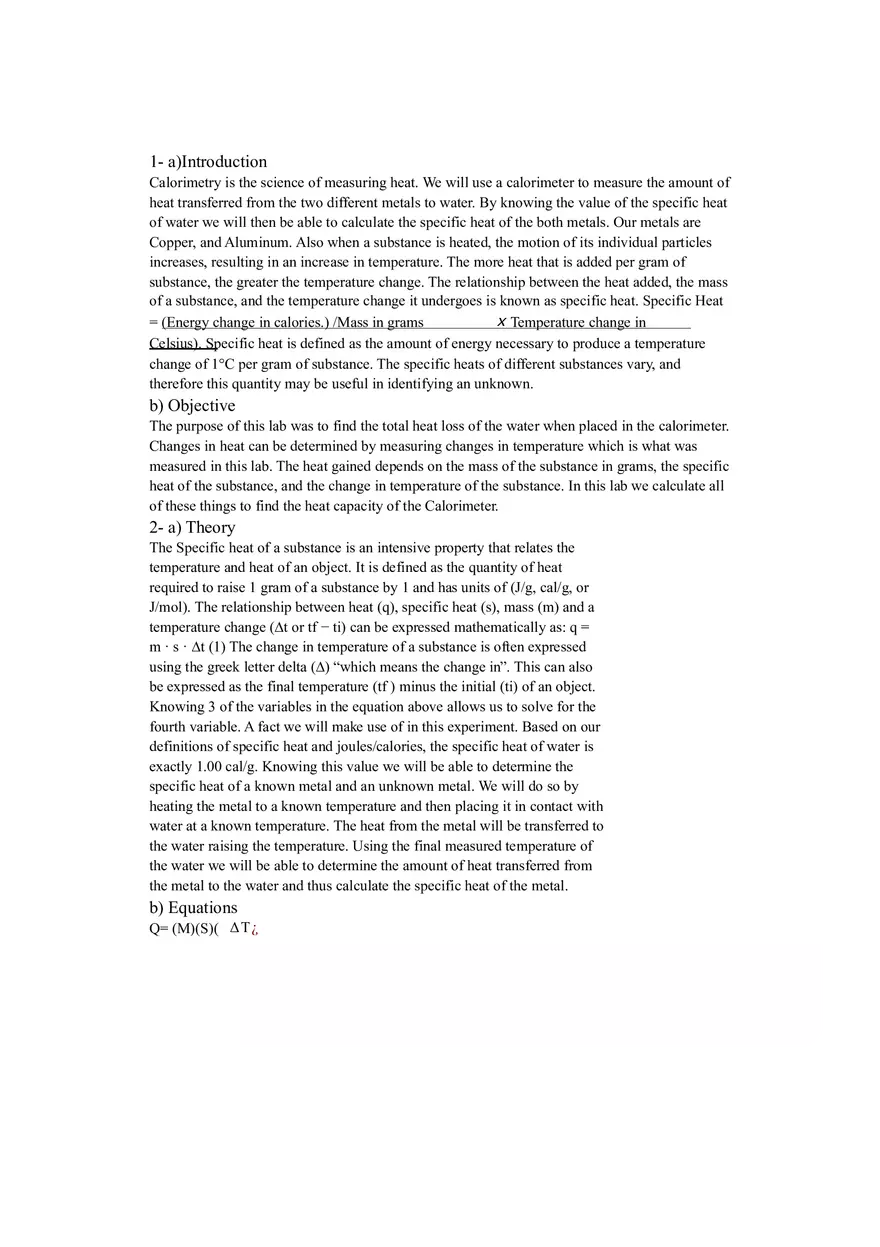 Calorimetry and Specific Heat Measuring Heat Transfer in Metals - Page 1