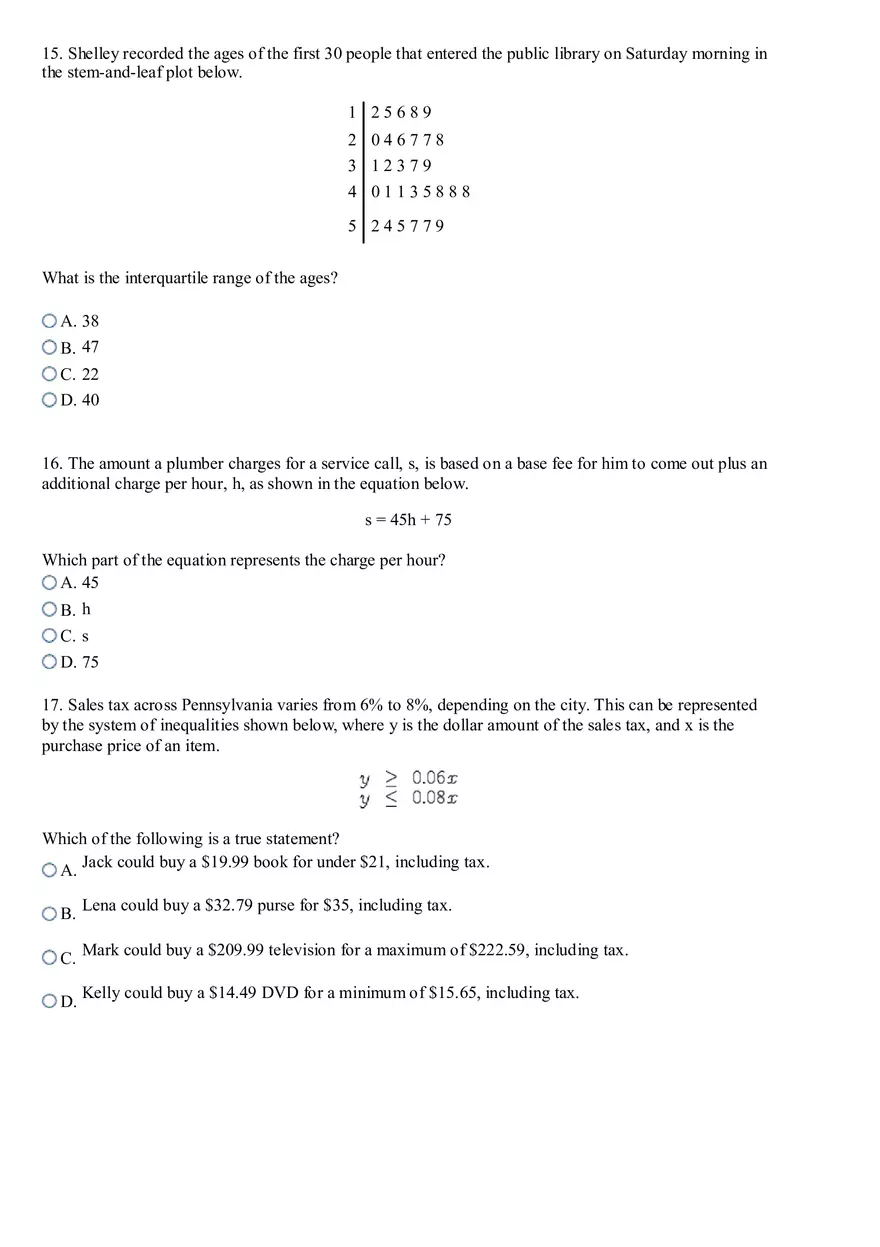 Keystone Algebra I Practice Test - Page 14