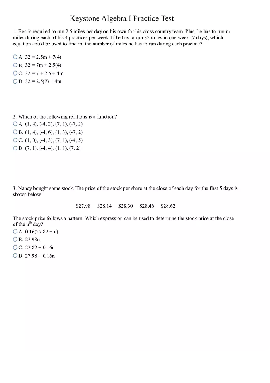 Keystone Algebra I Practice Test - Page 2