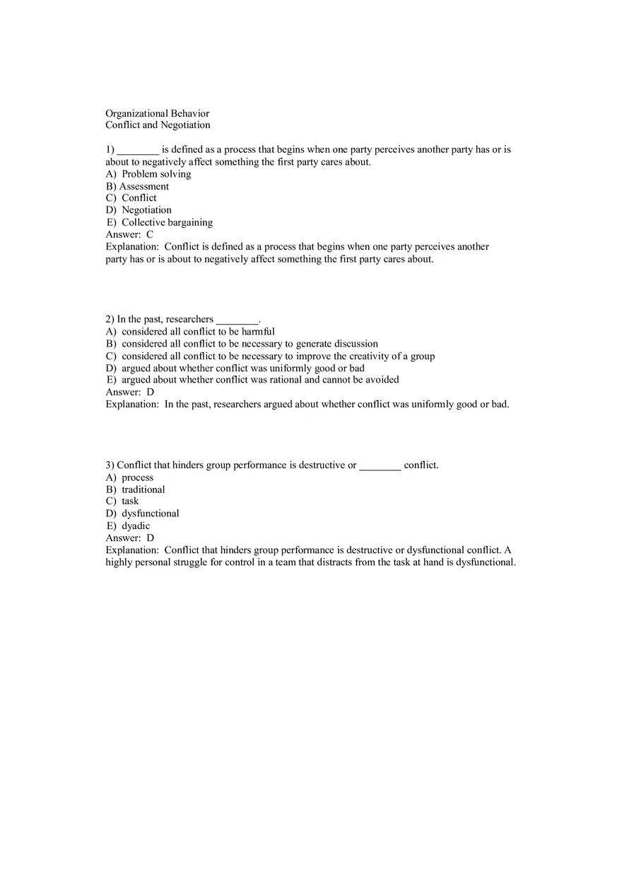 Organizational Behavior Conflict and Negotiation 1-29 Answers - Page 1