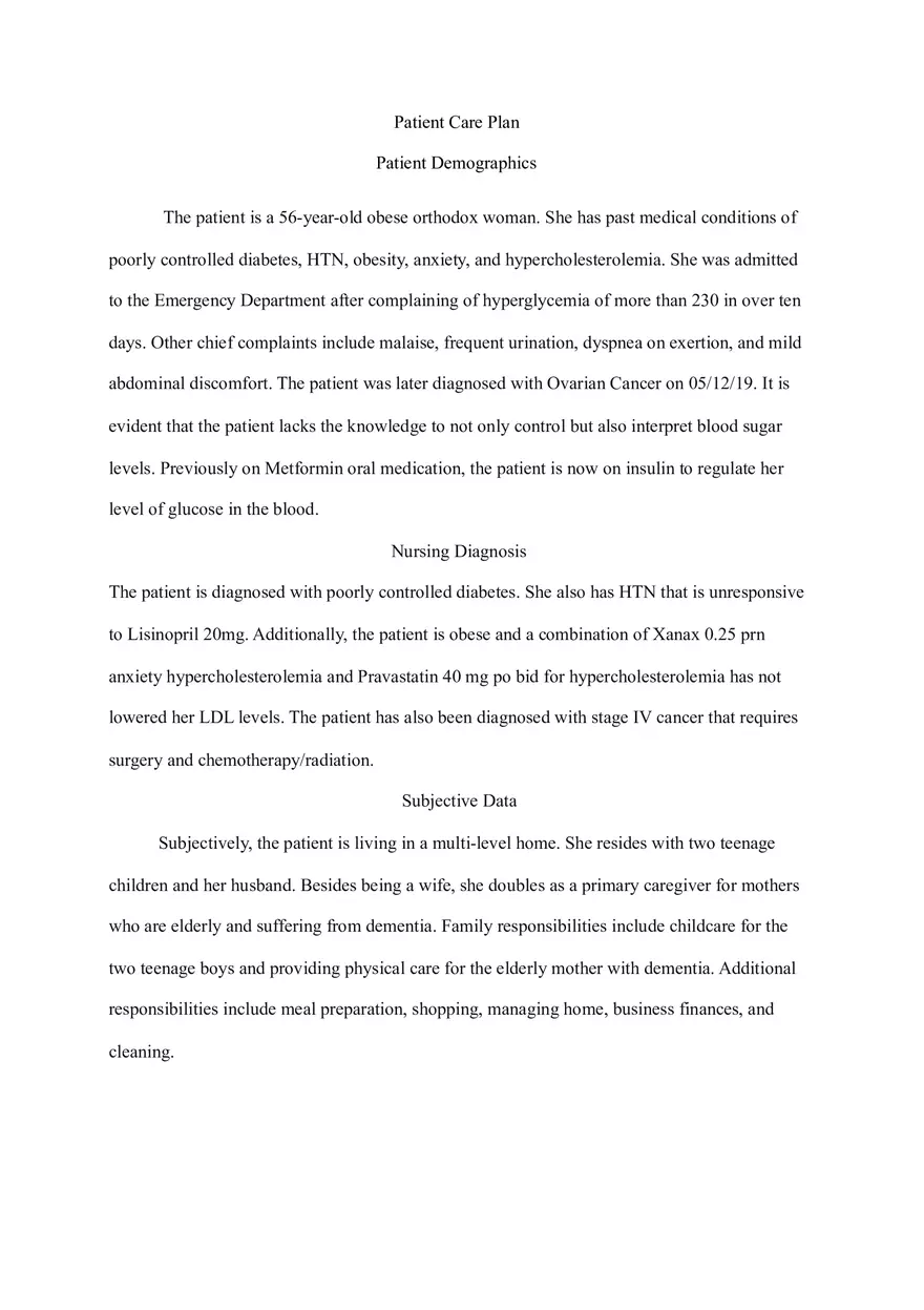 Care Plan - The Patient is a 56-year-old Obese Orthodox Woman - Page 1