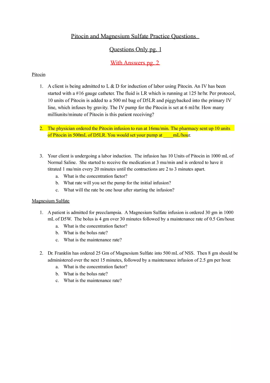 Pitocin and Magnesium Sulfate Practice Questions and Answers - Page 1