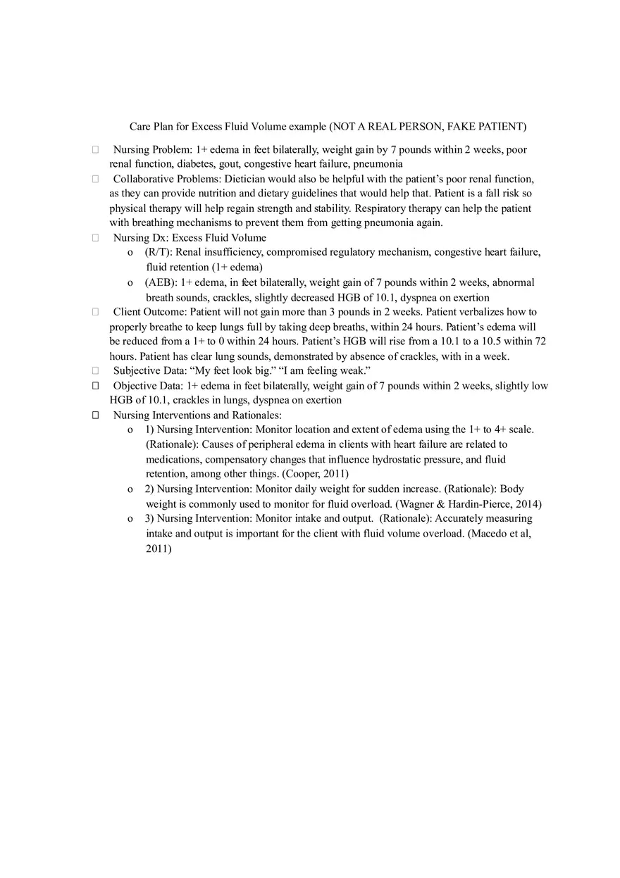 Care Plan for Excess Fluid Volume Example - Page 1